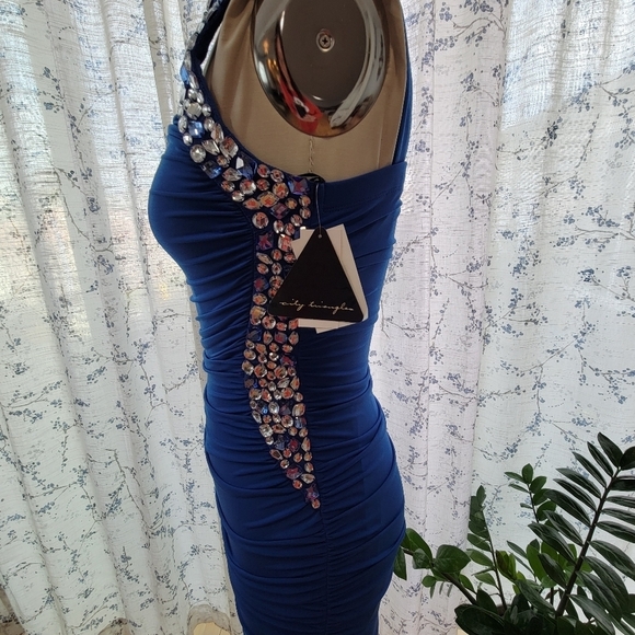 Cocktail Royal Blue Dress One shoulder with Rhinestones - City Triangle Size S - Picture 4 of 6